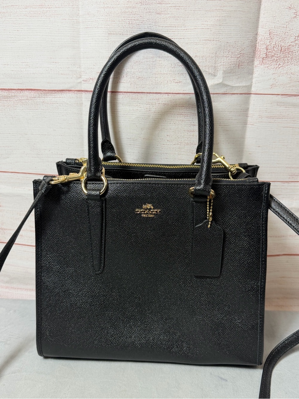 Coach Black Leather Structured Satchel with Gold Hardware